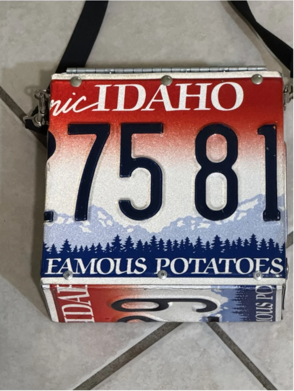 LITTLE EARTH IDAHO LICENSE METAL PLACE SQUARE BAG RARE 90 VINTAGE